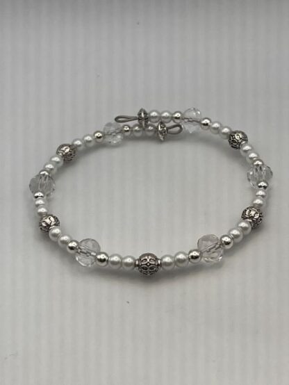 Pearl, Crystal and Silver Boho Beaded memory wire cuff bracelet