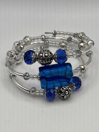 Blue and Silver 3Coil Beaded Bold Bracelet