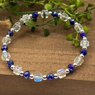 Blue Crystal and Silver Boho Beaded memory wire cuff bracelet