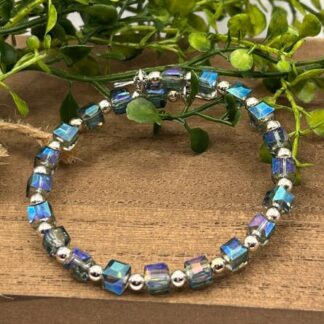 Aqua Crystal and Silver Boho Beaded memory wire cuff bracelet