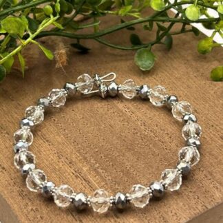 Gray, Crystal and Silver Boho Beaded memory wire cuff bracelet