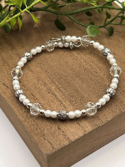 Pearl, Crystal and Silver Boho Beaded memory wire cuff bracelet
