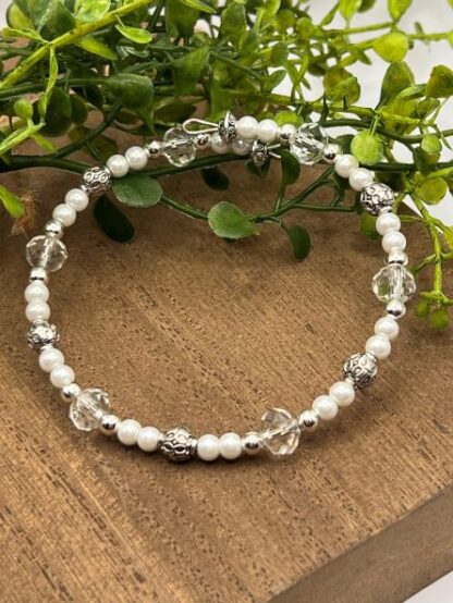 Pearl, Crystal and Silver Boho Beaded memory wire cuff bracelet