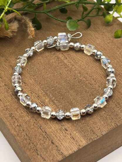 Crystal and Silver Boho Beaded memory wire cuff bracelet