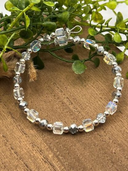 Crystal and Silver Boho Beaded memory wire cuff bracelet