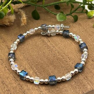 Smoky Blue and Silver Boho Beaded memory wire cuff bracelet