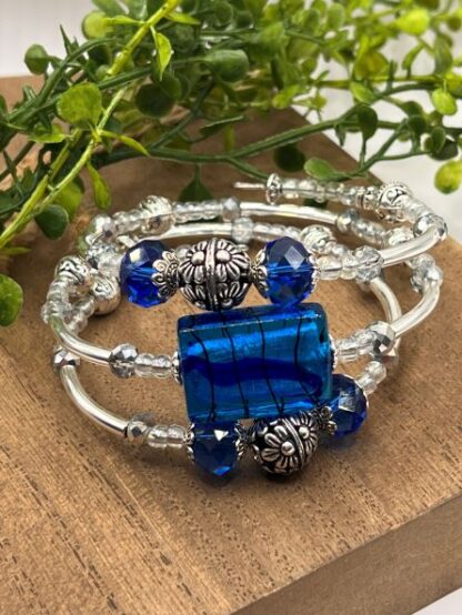 Blue and Silver 3Coil Beaded Bold Bracelet