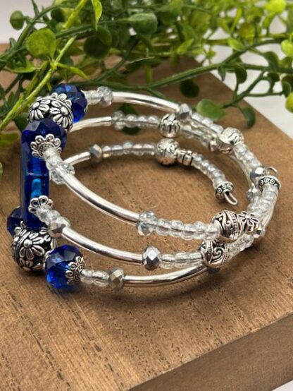 Blue and Silver 3Coil Beaded Bold Bracelet
