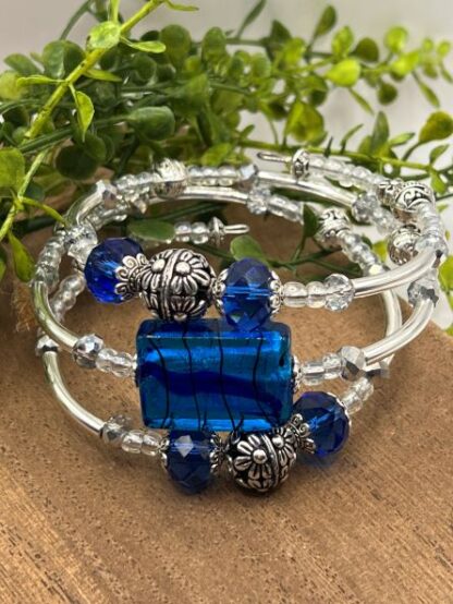 Blue and Silver 3Coil Beaded Bold Bracelet