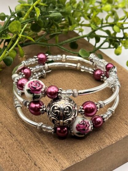 Burgundy Roses and Silver 3Coil Beaded Bold Bracelet