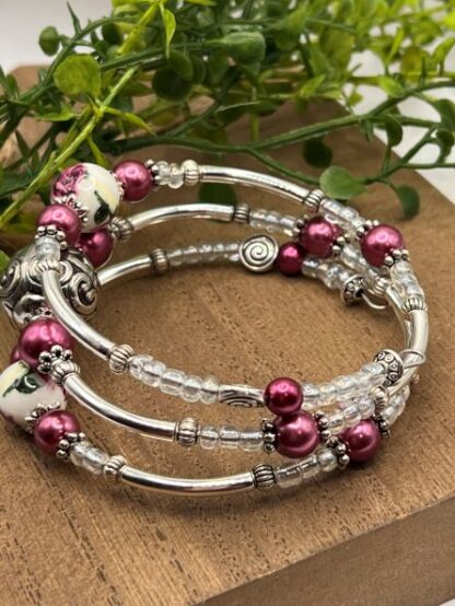 Burgundy Roses and Silver 3Coil Beaded Bold Bracelet
