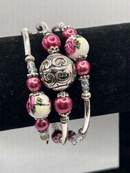 Burgundy Roses and Silver 3Coil Beaded Bold Bracelet