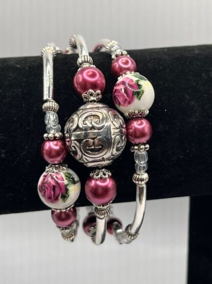 Burgundy Roses and Silver 3Coil Beaded Bold Bracelet