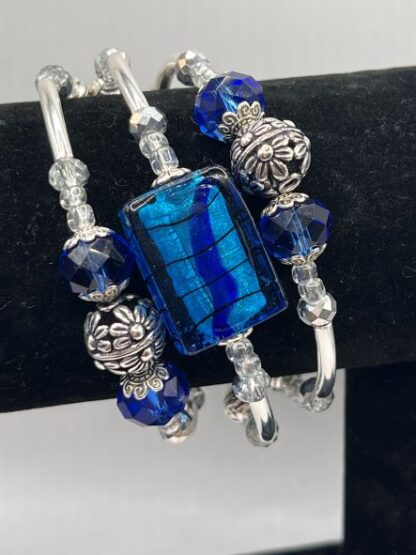 Blue and Silver 3Coil Beaded Bold Bracelet