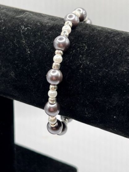 Gray Pearl and Silver Boho Beaded memory wire cuff bracelets