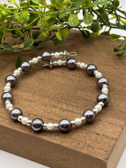 Gray Pearl and Silver Boho Beaded memory wire cuff bracelets