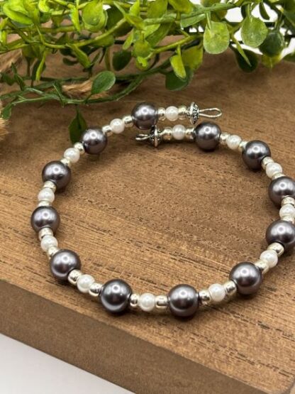 Gray Pearl and Silver Boho Beaded memory wire cuff bracelets