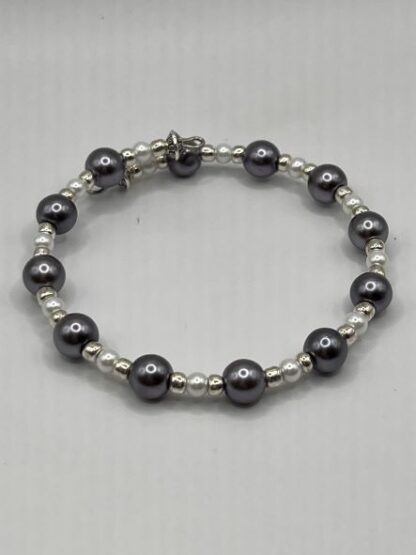 Gray Pearl and Silver Boho Beaded memory wire cuff bracelets
