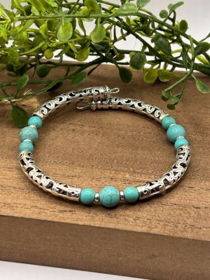 Turquoise and Silver Boho Beaded memory wire cuff bracelets
