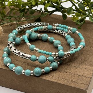 Turquoise and Silver Boho Beaded Set of 3 memory wire cuff bracelets