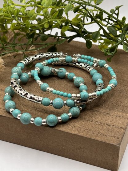 Turquoise and Silver Boho Beaded Set of 3 memory wire cuff bracelets