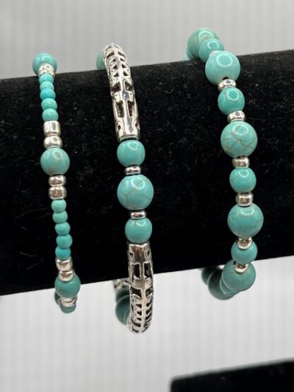 Turquoise and Silver Boho Beaded Set of 3 memory wire cuff bracelets