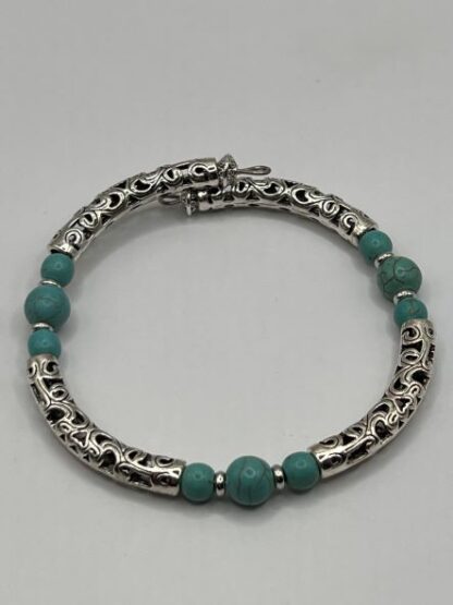 Turquoise and Silver Boho Beaded memory wire cuff bracelets