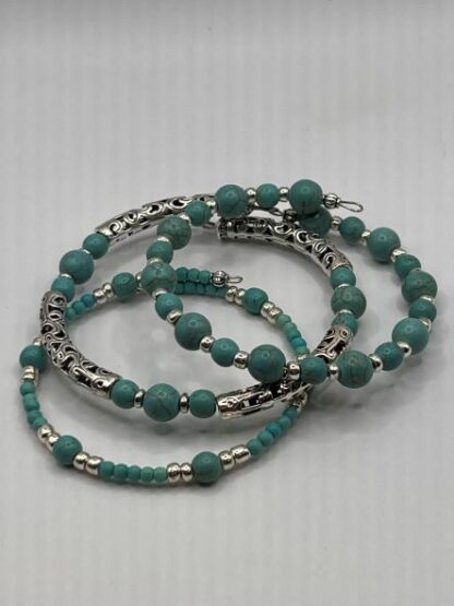 Turquoise and Silver Boho Beaded Set of 3 memory wire cuff bracelets